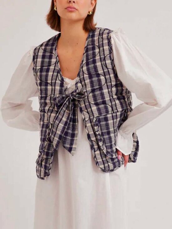 Damson Madder Jackets & Blazers - Damson Madder Arte Toggle Gilet Cotton Ruffle Plaid Vest - UK 10 / US 6